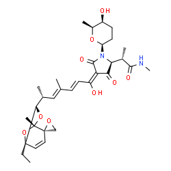 ChemSpider 2D Image | (2S)-2-{(2S,4E)-4-{(2E,4E,6R)-6-[(1R,2R,5R,7S)-1,6-Dimethylspiro[8,9-dioxabicyclo[3.3.1]non-3-ene-2,2'-oxiran]-7-yl]-1-hydroxy-4-methyl-2,4-heptadien-1-ylidene}-1-[(2S,5S,6S)-5-hydroxy-6-methyltetrahy
dro-2H-pyran-2-yl]-3,5-dioxo-2-pyrrolidinyl}-N-methylpropanamide | C32H44N2O9