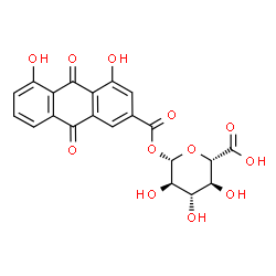 ChemSpider 2D Image | 1-O-[(4,5-Dihydroxy-9,10-dioxo-9,10-dihydro-2-anthracenyl)carbonyl]-beta-D-glucopyranuronic acid | C21H16O12