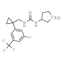 ChemSpider 2D Image | 1-({1-[3-Fluoro-5-(trifluoromethyl)phenyl]cyclopropyl}methyl)-3-(1-oxidotetrahydro-3-thiophenyl)urea | C16H18F4N2O2S