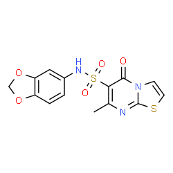 ChemSpider 2D Image | N-(1,3-Benzodioxol-5-yl)-7-methyl-5-oxo-5H-[1,3]thiazolo[3,2-a]pyrimidine-6-sulfonamide | C14H11N3O5S2