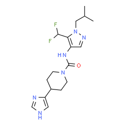ChemSpider 2D Image | N-[5-(Difluoromethyl)-1-isobutyl-1H-pyrazol-4-yl]-4-(1H-imidazol-4-yl)-1-piperidinecarboxamide | C17H24F2N6O