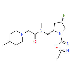 ChemSpider 2D Image | N-{[(2S,4S)-4-Fluoro-1-(5-methyl-1,3,4-oxadiazol-2-yl)-2-pyrrolidinyl]methyl}-N-methyl-2-(4-methyl-1-piperidinyl)acetamide | C17H28FN5O2
