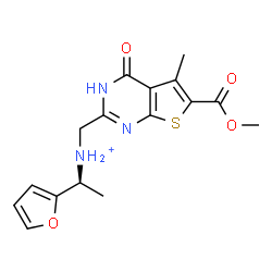 ChemSpider 2D Image | (1S)-1-(2-Furyl)-N-{[6-(methoxycarbonyl)-5-methyl-4-oxo-3,4-dihydrothieno[2,3-d]pyrimidin-2-yl]methyl}ethanaminium | C16H18N3O4S