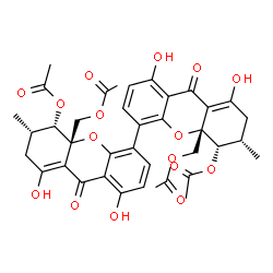 ChemSpider 2D Image | [(5S,5'S,6S,6'S,10aS,10a'S)-5,5'-Diacetoxy-1,1',8,8'-tetrahydroxy-6,6'-dimethyl-9,9'-dioxo-5,5',6,6',7,7',9,9'-octahydro-10aH,10a'H-4,4'-bixanthene-10a,10a'-diyl]bis(methylene) diacetate | C38H38O16