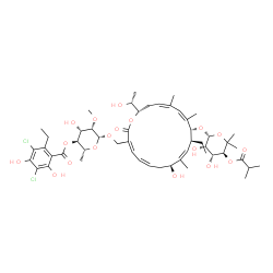 ChemSpider 2D Image | (2R,3S,4S,5S,6R)-6-({(3Z,5Z,8S,9Z,11S,12R,13Z,15Z,18S)-12-{[(2R,3S,4R,5S)-3,4-Dihydroxy-5-(isobutyryloxy)-6,6-dimethyltetrahydro-2H-pyran-2-yl]oxy}-11-ethyl-8-hydroxy-18-[(1R)-1-hydroxyethyl]-9,13,15-
trimethyl-2-oxooxacyclooctadeca-3,5,9,13,15-pentaen-3-yl}methoxy)-4-hydroxy-5-methoxy-2-methyltetrahydro-2H-pyran-3-yl 3,5-dichloro-2-ethyl-4,6-dihydroxybenzoate (non-preferred name) | C52H74Cl2O18