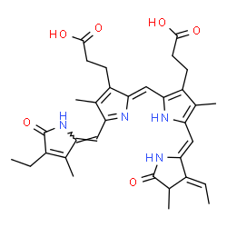 ChemSpider 2D Image | 3-[2-[(Z)-[3-(2-carboxyethyl)-5-[(Z)-(4-ethyl-3-methyl-5-oxo-pyrrol-2-ylidene)methyl]-4-methyl-pyrrol-2-ylidene]methyl]-5-[(Z)-[(3E)-3-ethylidene-4-methyl-5-oxo-pyrrolidin-2-ylidene]methyl]-4-methyl-1H-pyrrol-3-yl]propanoic acid | C33H38N4O6