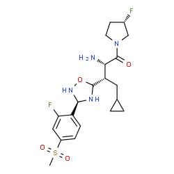 ChemSpider 2D Image | (2S,3S)-2-Amino-4-cyclopropyl-3-{(3R)-3-[2-fluoro-4-(methylsulfonyl)phenyl]-1,2,4-oxadiazolidin-5-yl}-1-[(3S)-3-fluoro-1-pyrrolidinyl]-1-butanone | C20H28F2N4O4S