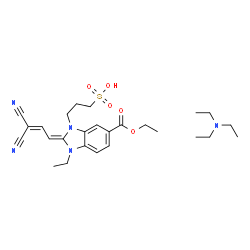 ChemSpider 2D Image | 3-[(2Z)-2-(3,3-Dicyano-2-propen-1-ylidene)-6-(ethoxycarbonyl)-3-ethyl-2,3-dihydro-1H-benzimidazol-1-yl]-1-propanesulfonic acid - N,N-diethylethanamine (1:1) | C26H37N5O5S
