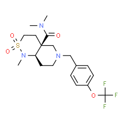 ChemSpider 2D Image | (4aS,8aR)-N,N,1-Trimethyl-6-[4-(trifluoromethoxy)benzyl]octahydro-4aH-pyrido[4,3-c][1,2]thiazine-4a-carboxamide 2,2-dioxide | C19H26F3N3O4S
