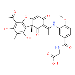 ChemSpider 2D Image | N-[3-({(1E)-1-[(9bR)-6-Acetyl-7,9-dihydroxy-8,9b-dimethyl-1,3-dioxo-3,9b-dihydrodibenzo[b,d]furan-2(1H)-ylidene]ethyl}amino)-4-methoxybenzoyl]glycine | C28H26N2O10