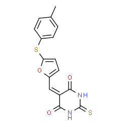 ChemSpider 2D Image | 5-({5-[(4-Methylphenyl)sulfanyl]-2-furyl}methylene)-2-thioxodihydro-4,6(1H,5H)-pyrimidinedione | C16H12N2O3S2