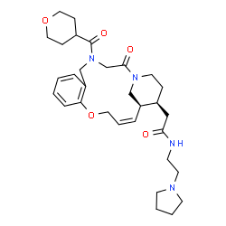 ChemSpider 2D Image | 2-[(14Z,16S,17S)-2-Oxo-4-(tetrahydro-2H-pyran-4-ylcarbonyl)-12-oxa-1,4-diazatricyclo[14.3.1.0~6,11~]icosa-6,8,10,14-tetraen-17-yl]-N-[2-(1-pyrrolidinyl)ethyl]acetamide | C31H44N4O5