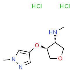 ChemSpider 2D Image | (3R,4R)-N-Methyl-4-[(1-methyl-1H-pyrazol-4-yl)oxy]tetrahydro-3-furanamine dihydrochloride | C9H17Cl2N3O2