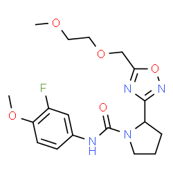 ChemSpider 2D Image | N-(3-Fluoro-4-methoxyphenyl)-2-{5-[(2-methoxyethoxy)methyl]-1,2,4-oxadiazol-3-yl}-1-pyrrolidinecarboxamide | C18H23FN4O5