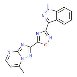 ChemSpider 2D Image | 2-[3-(1H-Indazol-3-yl)-1,2,4-oxadiazol-5-yl]-7-methyl[1,2,4]triazolo[1,5-a]pyrimidine | C15H10N8O