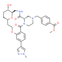 ChemSpider 2D Image | Methyl 4-{[(1R,5S,21S,24S)-24-hydroxy-15-(1-methyl-1H-pyrazol-4-yl)-4,11-dioxo-18,25-dioxa-3,7,10-triazatetracyclo[19.3.1.0~5,10~.0~12,17~]pentacosa-12,14,16-trien-7-yl]methyl}benzoate | C33H39N5O7