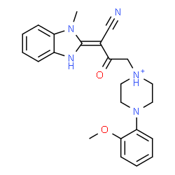 ChemSpider 2D Image | 1-[(3E)-3-Cyano-3-(1-methyl-1,3-dihydro-2H-benzimidazol-2-ylidene)-2-oxopropyl]-4-(2-methoxyphenyl)piperazin-1-ium | C23H26N5O2