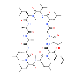 ChemSpider 2D Image | (3S,6S,9S,12R,15R,18R,21S,24S,30S,33S)-30-Ethyl-33-[(2R,3Z)-1-hydroxy-2-methyl-3-penten-1-yl]-3,6,9,18,24-pentaisobutyl-21-isopropyl-1,4,7,10,12,15,19,25,28-nonamethyl-1,4,7,10,13,16,19,22,25,28,31-un
decaazacyclotritriacontane-2,5,8,11,14,17,20,23,26,29,32-undecone | C62H111N11O12
