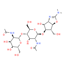 ChemSpider 2D Image | (3aS,4R,5R,6S,6aS)-2-(Dimethylamino)-4-hydroxy-6-(hydroxymethyl)-4,5,6,6a-tetrahydro-3aH-cyclopenta[d][1,3]oxazol-5-yl 2-acetamido-4-O-(2-acetamido-2-deoxy-beta-D-allopyranosyl)-2-deoxy-beta-D-allopyr
anoside | C25H42N4O14