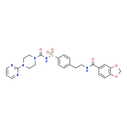 ChemSpider 2D Image | N-[(4-{2-[(1,3-Benzodioxol-5-ylcarbonyl)amino]ethyl}phenyl)sulfonyl]-4-(2-pyrimidinyl)-1-piperazinecarboxamide | C25H26N6O6S