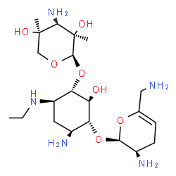 ChemSpider 2D Image | (1S,2S,3R,4S,6R)-4-Amino-3-{[(2S,3R)-3-amino-6-(aminomethyl)-3,4-dihydro-2H-pyran-2-yl]oxy}-6-(ethylamino)-2-hydroxycyclohexyl 3-amino-3-deoxy-2,4-di-C-methyl-alpha-D-xylopyranoside | C21H41N5O7