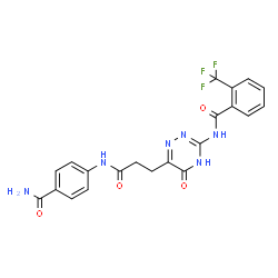 ChemSpider 2D Image | N-(6-{3-[(4-Carbamoylphenyl)amino]-3-oxopropyl}-5-oxo-4,5-dihydro-1,2,4-triazin-3-yl)-2-(trifluoromethyl)benzamide | C21H17F3N6O4