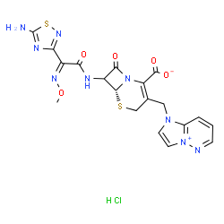 ChemSpider 2D Image | (6R)-7-{[(2Z)-2-(5-Amino-1,2,4-thiadiazol-3-yl)-2-(methoxyimino)acetyl]amino}-3-(1H-imidazo[1,2-b]pyridazin-4-ium-1-ylmethyl)-8-oxo-5-thia-1-azabicyclo[4.2.0]oct-2-ene-2-carboxylate hydrochloride (1:1
) | C19H18ClN9O5S2