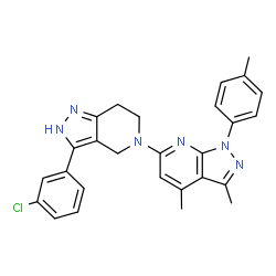 ChemSpider 2D Image | 3-(3-Chlorophenyl)-5-[3,4-dimethyl-1-(4-methylphenyl)-1H-pyrazolo[3,4-b]pyridin-6-yl]-4,5,6,7-tetrahydro-1H-pyrazolo[4,3-c]pyridine | C27H25ClN6