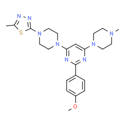 ChemSpider 2D Image | 2-(4-Methoxyphenyl)-4-(4-methyl-1-piperazinyl)-6-[4-(5-methyl-1,3,4-thiadiazol-2-yl)-1-piperazinyl]pyrimidine | C23H30N8OS