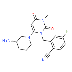 ChemSpider 2D Image | 2-({6-[(3S)-3-Amino-1-piperidinyl]-3-methyl-2,4-dioxo-3,4-dihydro-1(2H)-pyrimidinyl}methyl)-4-fluorobenzonitrile | C18H20FN5O2