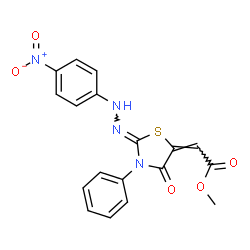 ChemSpider 2D Image | Methyl (2E)-{(2Z)-2-[(4-nitrophenyl)hydrazono]-4-oxo-3-phenyl-1,3-thiazolidin-5-ylidene}acetate | C18H14N4O5S