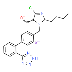 ChemSpider 2D Image | Potassium (E)-(2-butyl-5-chloro-3-{[2'-(2H-tetrazol-5-yl)-4-biphenylyl]methyl}-2,3-dihydro-4H-imidazol-4-ylidene)methanolate | C22H22ClKN6O