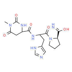 ChemSpider 2D Image | (2R)-1-{N-[(1-Methyl-2,6-dioxohexahydro-4-pyrimidinyl)carbonyl]histidyl}-2-pyrrolidinecarboximidic acid | C17H23N7O5