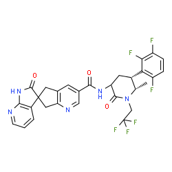 ChemSpider 2D Image | N-[(5R,6S)-6-Methyl-2-oxo-1-(2,2,2-trifluoroethyl)-5-(2,3,6-trifluorophenyl)-3-piperidinyl]-2'-oxo-1',2',5,7-tetrahydrospiro[cyclopenta[b]pyridine-6,3'-pyrrolo[2,3-b]pyridine]-3-carboxamide | C29H23F6N5O3