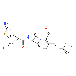 ChemSpider 2D Image | (6S)-7-({[(E)-(Hydroxymethylene)amino](2-imino-2,3-dihydro-1,3-thiazol-4-yl)acetyl}amino)-8-oxo-3-[(1,2,3-thiadiazol-5-ylsulfanyl)methyl]-5-thia-1-azabicyclo[4.2.0]oct-2-ene-2-carboxylic acid | C16H15N7O5S4