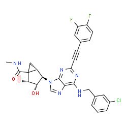 ChemSpider 2D Image | (2R,3S,4R,5S)-4-{6-[(3-Chlorobenzyl)amino]-2-[(3,4-difluorophenyl)ethynyl]-9H-purin-9-yl}-2,3-dihydroxy-N-methylbicyclo[3.1.0]hexane-1-carboxamide | C28H23ClF2N6O3
