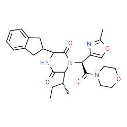 ChemSpider 2D Image | 6-[(2R)-2-Butanyl]-3-(2,3-dihydro-1H-inden-2-yl)-1-[(1S)-1-(2-methyl-1,3-oxazol-4-yl)-2-(4-morpholinyl)-2-oxoethyl]-2,5-piperazinedione | C27H34N4O5