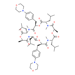 ChemSpider 2D Image | (3S,6R,9R,12R,15S,18R,21S,24R)-3,9,15,21-Tetraisobutyl-4,6,10,16,18,22-hexamethyl-12,24-bis[4-(4-morpholinyl)benzyl]-1,7,13,19-tetraoxa-4,10,16,22-tetraazacyclotetracosane-2,5,8,11,14,17,20,23-octone | C60H90N6O14