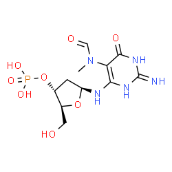 ChemSpider 2D Image | 2-Deoxy-N-{5-[formyl(methyl)amino]-2-imino-6-oxo-1,2,3,6-tetrahydro-4-pyrimidinyl}-3-O-phosphono-beta-L-erythro-pentofuranosylamine | C11H18N5O8P