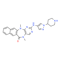 ChemSpider 2D Image | 5,13-Dimethyl-2-{[1-(4-piperidinyl)-1H-pyrazol-4-yl]amino}-5,13-dihydro-6H-naphtho[2,3-e]pyrimido[5,4-b][1,4]diazepin-6-one | C25H26N8O