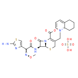 ChemSpider 2D Image | (6S,7S)-7-{[(2Z)-2-(2-Amino-1,3-thiazol-4-yl)-2-(methoxyimino)acetyl]amino}-8-oxo-3-(5,6,7,8-tetrahydro-1-quinoliniumylmethyl)-5-thia-1-azabicyclo[4.2.0]oct-2-ene-2-carboxylate sulfate (1:1) | C23H26N6O9S3