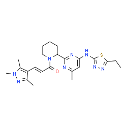 ChemSpider 2D Image | (2E)-1-(2-{4-[(5-Ethyl-1,3,4-thiadiazol-2-yl)amino]-6-methyl-2-pyrimidinyl}-1-piperidinyl)-3-(1,3,5-trimethyl-1H-pyrazol-4-yl)-2-propen-1-one | C23H30N8OS