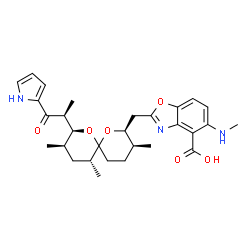 ChemSpider 2D Image | 5-(Methylamino)-2-({(2S,3S,8S,9R,11R)-3,9,11-trimethyl-8-[(2S)-1-oxo-1-(1H-pyrrol-2-yl)-2-propanyl]-1,7-dioxaspiro[5.5]undec-2-yl}methyl)-1,3-benzoxazole-4-carboxylic acid | C29H37N3O6