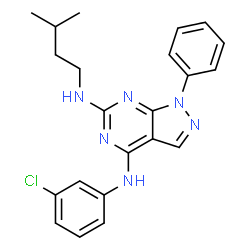ChemSpider 2D Image | N~4~-(3-Chlorophenyl)-N~6~-(3-methylbutyl)-1-phenyl-1H-pyrazolo[3,4-d]pyrimidine-4,6-diamine | C22H23ClN6