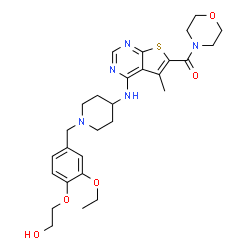 ChemSpider 2D Image | [4-({1-[3-Ethoxy-4-(2-hydroxyethoxy)benzyl]-4-piperidinyl}amino)-5-methylthieno[2,3-d]pyrimidin-6-yl](4-morpholinyl)methanone | C28H37N5O5S