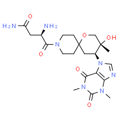 ChemSpider 2D Image | (3R)-3-Amino-4-[(3R,4S)-4-(1,3-dimethyl-2,6-dioxo-1,2,3,6-tetrahydro-7H-purin-7-yl)-3-hydroxy-3-methyl-1-oxa-9-azaspiro[5.5]undec-9-yl]-4-oxobutanamide | C21H31N7O6