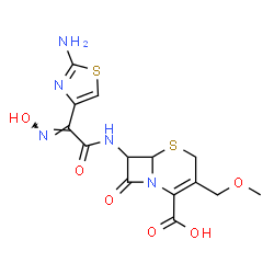 ChemSpider 2D Image | 7-{[(2E)-2-(2-Amino-1,3-thiazol-4-yl)-2-(hydroxyimino)acetyl]amino}-3-(methoxymethyl)-8-oxo-5-thia-1-azabicyclo[4.2.0]oct-2-ene-2-carboxylic acid | C14H15N5O6S2