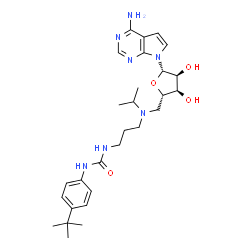 ChemSpider 2D Image | 7-(5-Deoxy-5-{isopropyl[3-({[4-(2-methyl-2-propanyl)phenyl]carbamoyl}amino)propyl]amino}-beta-L-ribofuranosyl)-7H-pyrrolo[2,3-d]pyrimidin-4-amine | C28H41N7O4