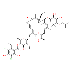 ChemSpider 2D Image | (2R,3S,4S,5S,6R)-6-({(3E,5E,9Z,11S,12R,13E,15E,18S)-12-{[(2R,3S,4R,5S)-3,4-Dihydroxy-5-(isobutyryloxy)-6,6-dimethyltetrahydro-2H-pyran-2-yl]oxy}-11-ethyl-8-hydroxy-18-[(1R)-1-hydroxyethyl]-9,13,15-tri
methyl-2-oxooxacyclooctadeca-3,5,9,13,15-pentaen-3-yl}methoxy)-4-hydroxy-5-methoxy-2-methyltetrahydro-2H-pyran-3-yl 3,5-dichloro-2-ethyl-4,6-dihydroxybenzoate (non-preferred name) | C52H74Cl2O18