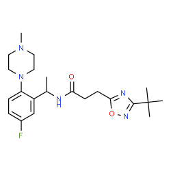 ChemSpider 2D Image | N-{1-[5-Fluoro-2-(4-methyl-1-piperazinyl)phenyl]ethyl}-3-[3-(2-methyl-2-propanyl)-1,2,4-oxadiazol-5-yl]propanamide | C22H32FN5O2